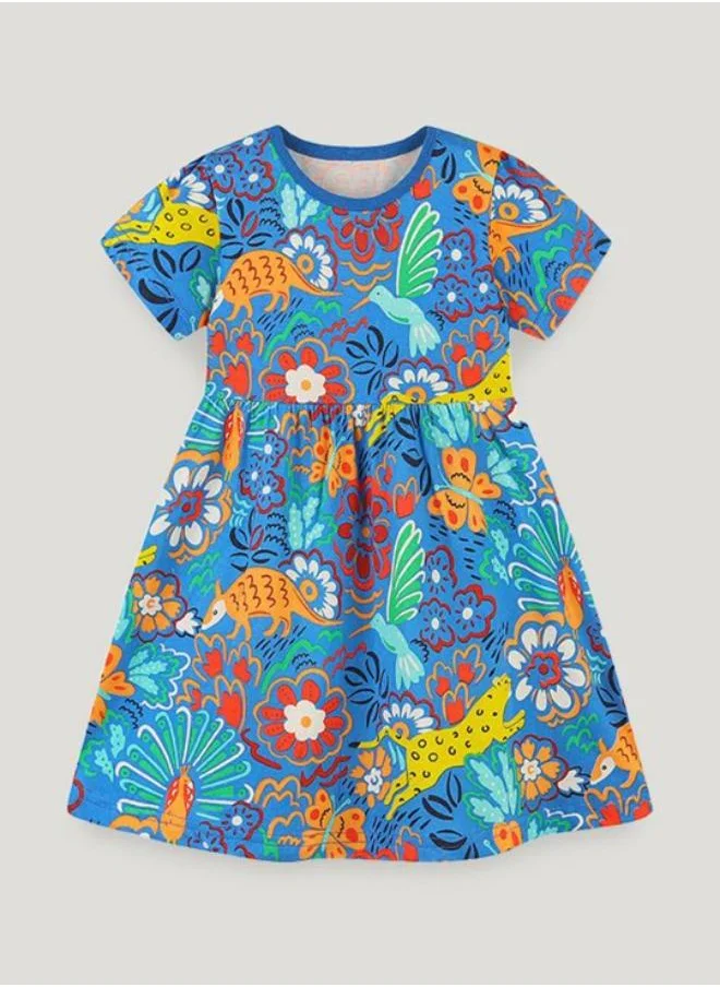 YUNIQEE Blue A-Line Crew Neck Printed Dress
