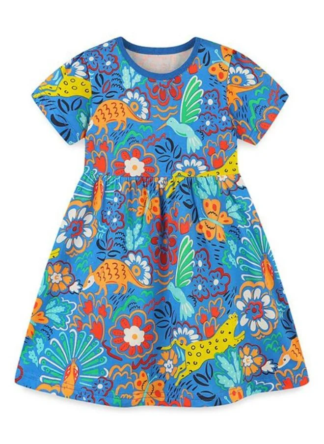YUNIQEE Blue A-Line Crew Neck Printed Dress