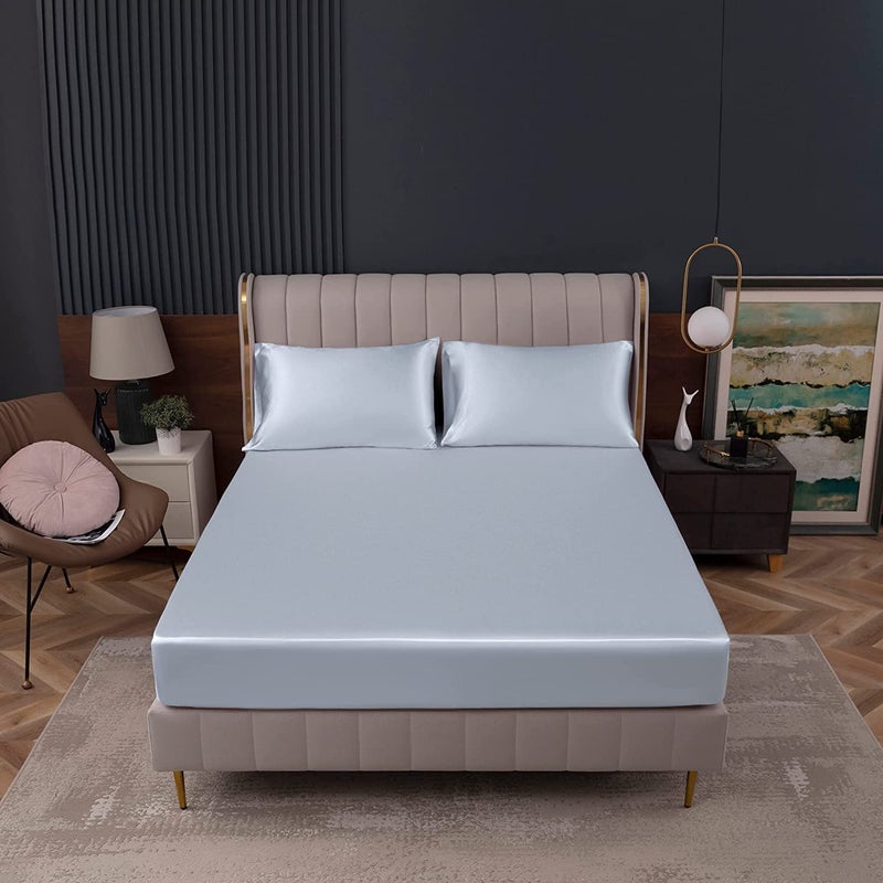 Homiest Homiest Baby Blue Satin Fitted Sheet Twin XL Size Fitted Bed Sheet  Deep Pocket Fitted Sheet Only  Luxury & Ultra Soft Bedding Fitted Sheet Single Bottom Bed Sheets Sold Separately  - Image 2