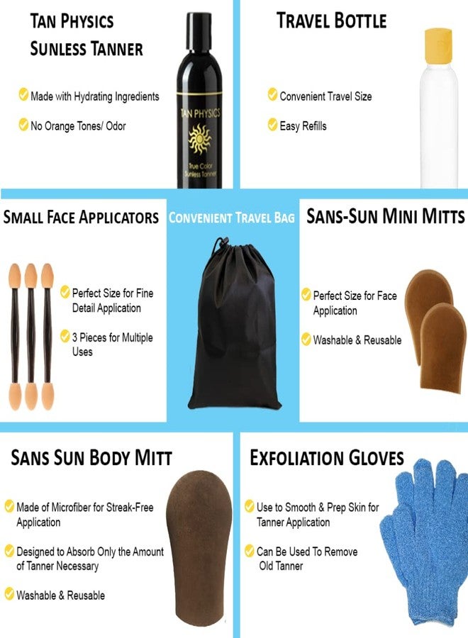 Tan Physics Self Tanner - 11pc Sunless Tanning Kit with True Color Tanner, Exfoliation Gloves, Travel Bag & Bottle, Face & Body Mitts, Detail Applicator for a Flawless Glow - Image 2