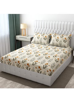 Castiqa Castiqa Elastic Fitted Supersoft Premium Polycotton 200TC Double Bedsheets King Size 78x72 Inch with 2 Pillow Covers Fits Upto Mattress of 8Inches Cream Floral 