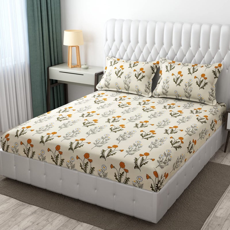 Castiqa Castiqa Elastic Fitted Supersoft Premium Polycotton 200TC Double Bedsheets King Size 78x72 Inch with 2 Pillow Covers Fits Upto Mattress of 8Inches Cream Floral