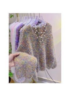 Ladies Lazy Style Loose Long Sleeve V-Neck Knitted Sweater Spring Autumn Colorful Dot Comfortable Soft Fashionable Top Coffee [counter quality]]