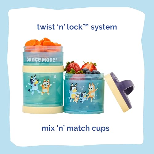 Whiskware Bluey Stackable Snack Containers for Babies, Toddlers, and Kids, 3 Stackable Snack Cups for School and Travel, Cupholder Friendly, Bluey, Bingo, Bandit Heeler, and Chilli, Dance Mode! - Image 3