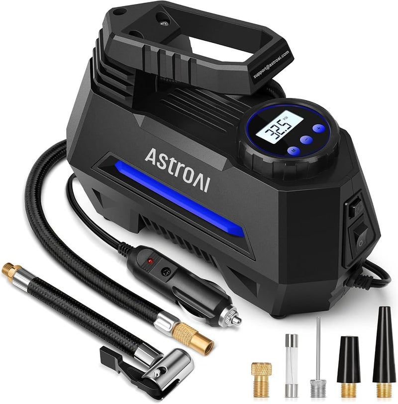 AstroAI Tire Inflator Air Compressor 12V DC Portable Car Air pump 150 PSI Portable Electric Car Tyre Pump with Tyre Pressure Gauge, Auto-Stop Tyre Inflator with Valve Adaptors and LED Light, Blue - Image 1