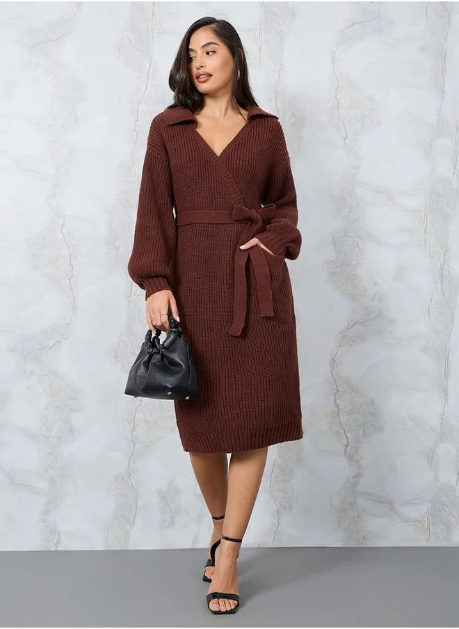 Styli Fuzzy Sweater Midi Dress with Tie Belt