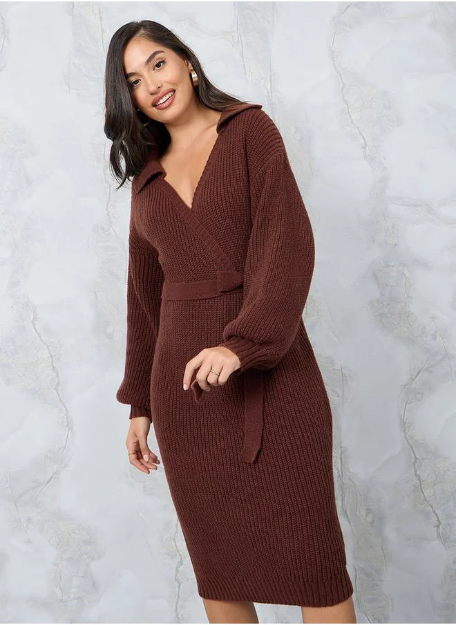 Styli Fuzzy Sweater Midi Dress with Tie Belt