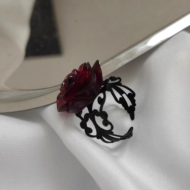 Cykdohy Vintage Dark Red Rose Flower Open Gothic Statement Ring for Women Adjustable Punk Goth 3D Floral Wrap Finger Band Rings Y2K Aesthetic Comfort Fit Valentine Cocktail Party Halloween Jewelry Gift - Image 2