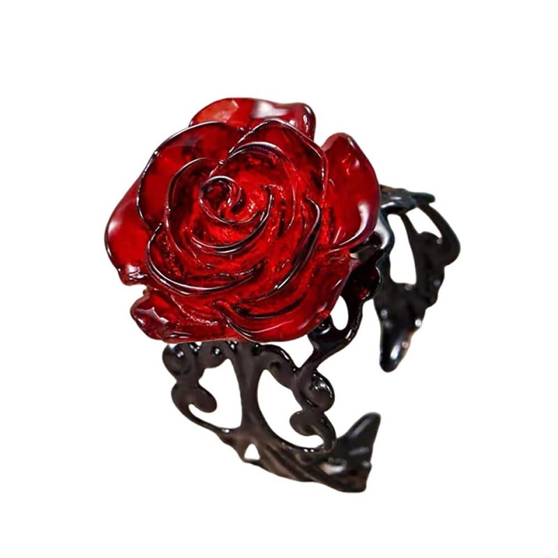 Cykdohy Vintage Dark Red Rose Flower Open Gothic Statement Ring for Women Adjustable Punk Goth 3D Floral Wrap Finger Band Rings Y2K Aesthetic Comfort Fit Valentine Cocktail Party Halloween Jewelry Gift - Image 1