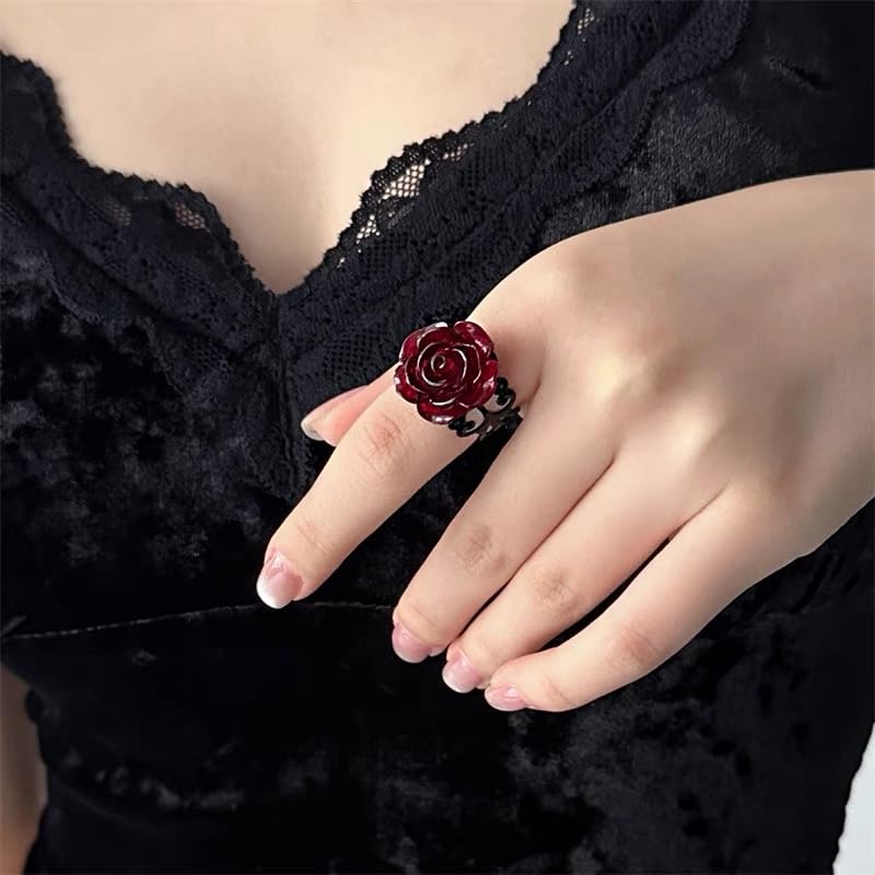 Cykdohy Vintage Dark Red Rose Flower Open Gothic Statement Ring for Women Adjustable Punk Goth 3D Floral Wrap Finger Band Rings Y2K Aesthetic Comfort Fit Valentine Cocktail Party Halloween Jewelry Gift - Image 3