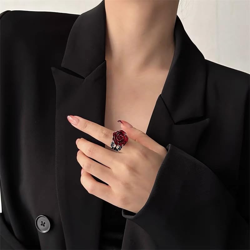 Cykdohy Vintage Dark Red Rose Flower Open Gothic Statement Ring for Women Adjustable Punk Goth 3D Floral Wrap Finger Band Rings Y2K Aesthetic Comfort Fit Valentine Cocktail Party Halloween Jewelry Gift - Image 5