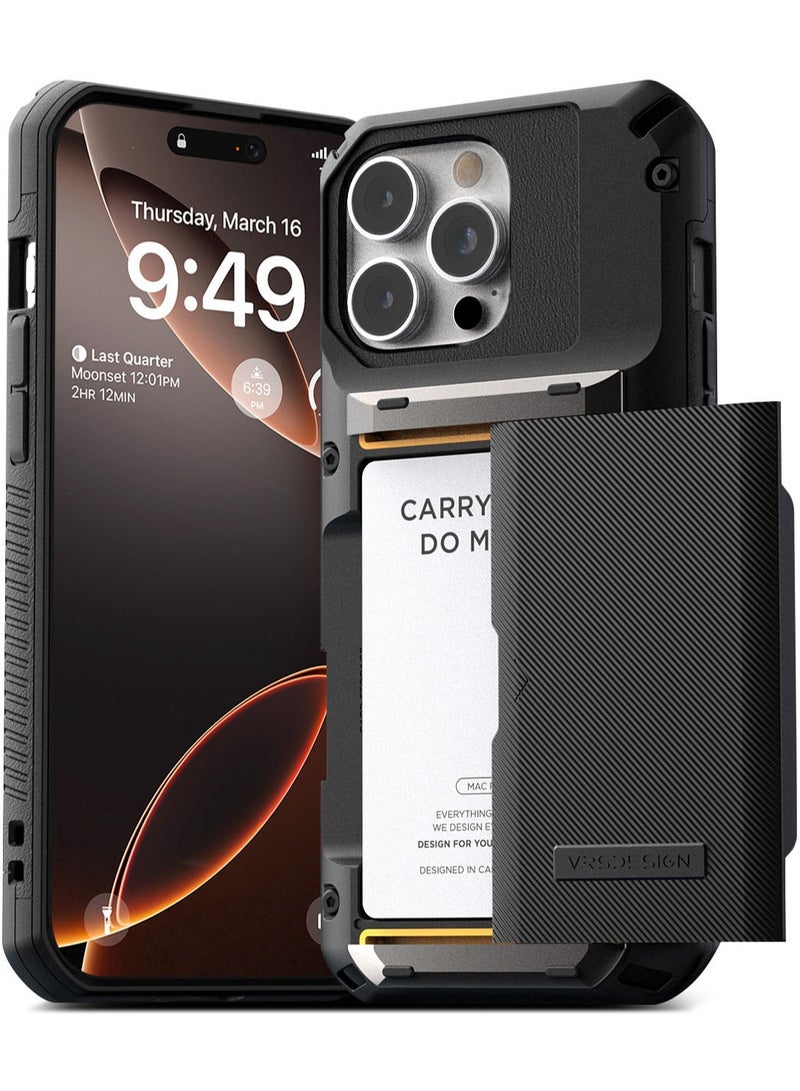 VRS Design Damda Glide Pro iPhone 16 Pro MAX Case Cover Wallet with Semi Automatic Credit Card Holder Slot [4 Cards] - Black Groove - Image 1