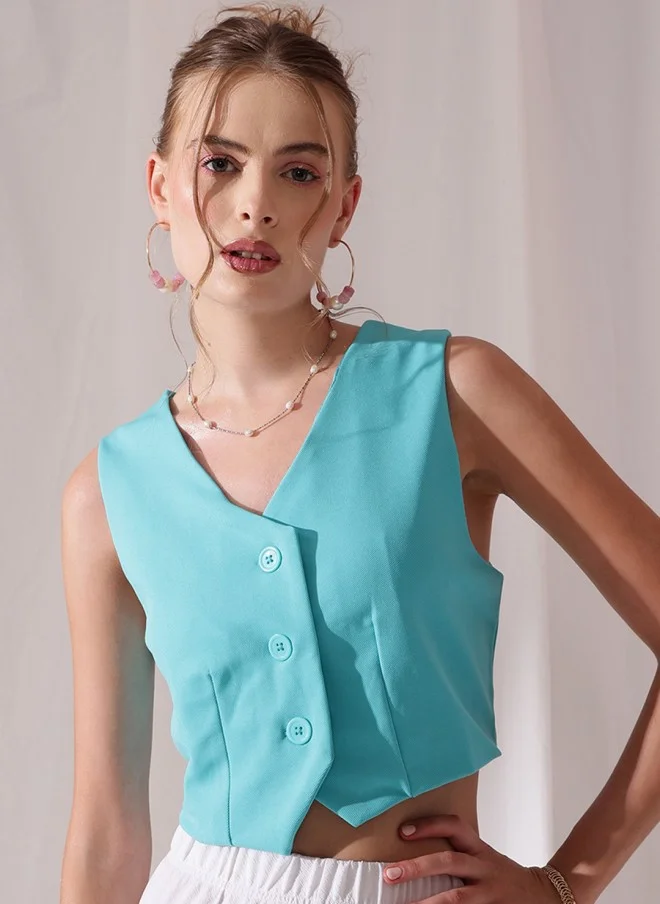 STREET 9 Teal Blue V-Neck Sleeveless Waistcoat for Women