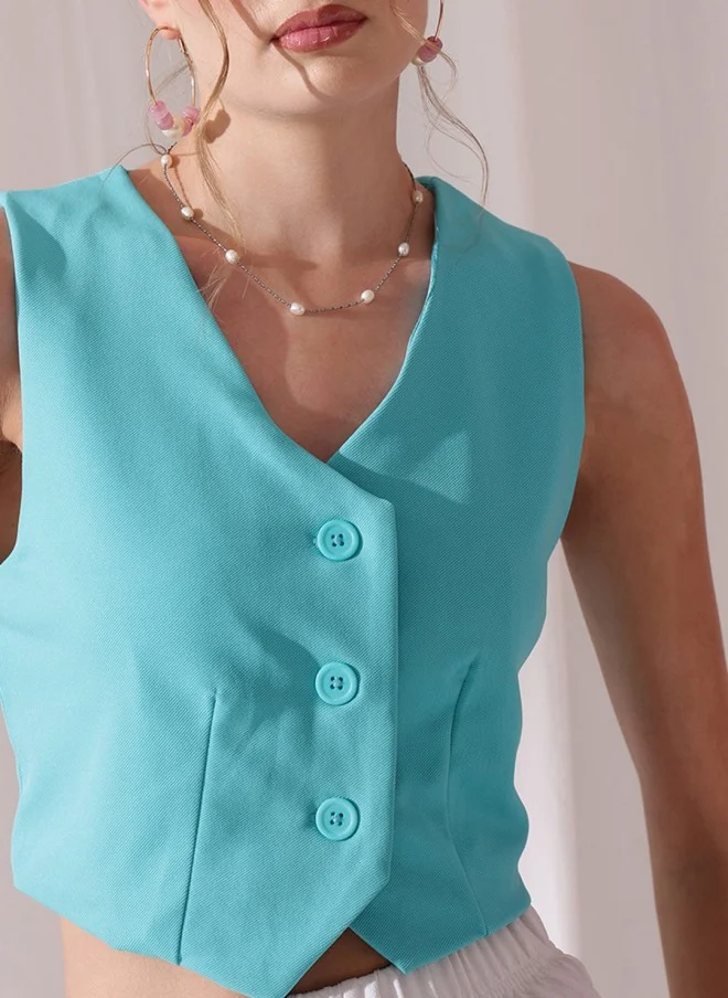 STREET 9 Teal Blue V-Neck Sleeveless Waistcoat for Women