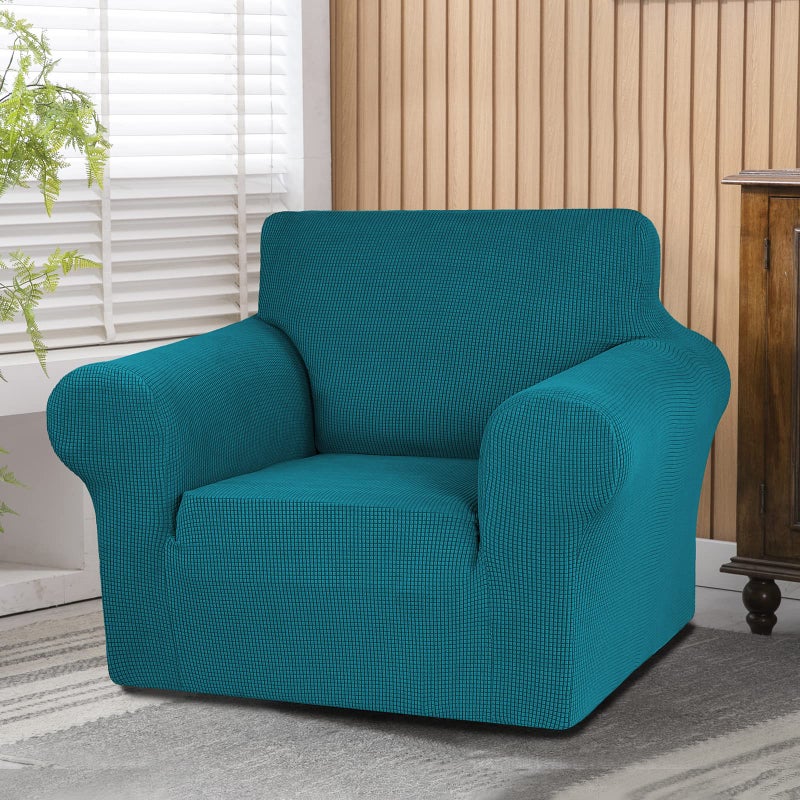 KEKUOU Stretch Single Sofa Slipcover 1 Piece Couch Sofa Cover (32""-55"") Furniture Protector 1 Seater Sofa with Elastic Bottom for Kids Pet.Jacquard Small Checked Pattern Fabric(Small Peacock Blue) - Image 2