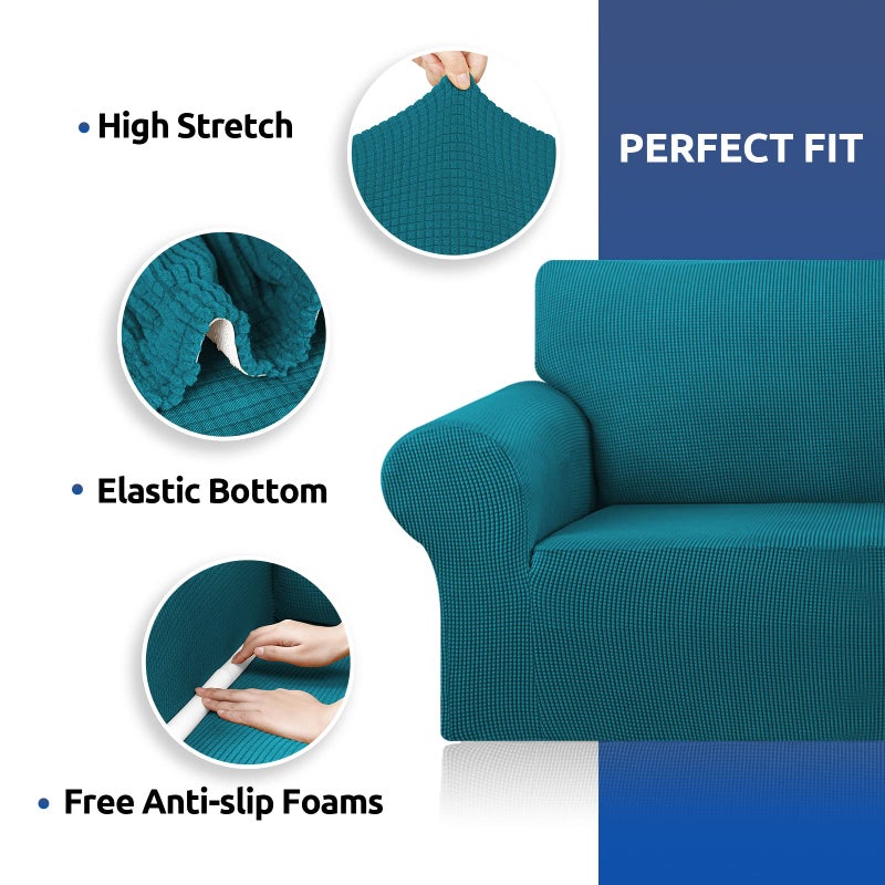 KEKUOU Stretch Single Sofa Slipcover 1 Piece Couch Sofa Cover (32""-55"") Furniture Protector 1 Seater Sofa with Elastic Bottom for Kids Pet.Jacquard Small Checked Pattern Fabric(Small Peacock Blue) - Image 3
