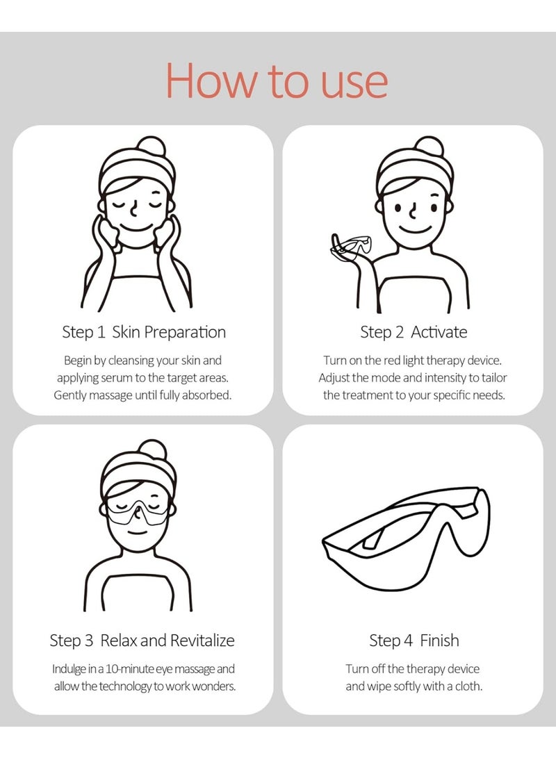جهاز العلاج بالضوء الأحمر تحت العين، 4 أوضاع لنظارات العلاج بالضوء الأحمر، قناع العين بالضوء الأحمر 650NM لعلاج انتفاخات العين والهالات السوداء والتجاعيد حول العين والخطوط الدقيقة - Image 4