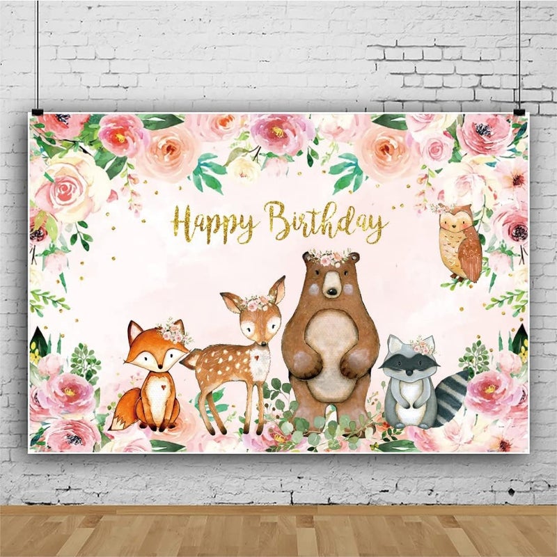 Renaiss خلفية عيد ميلاد سعيدة من رينيس 5x3 قدم غابة حيوانات السفاري زهور مائية وردية لالتقاط الصور لاحتفالات الأطفال - Image 3