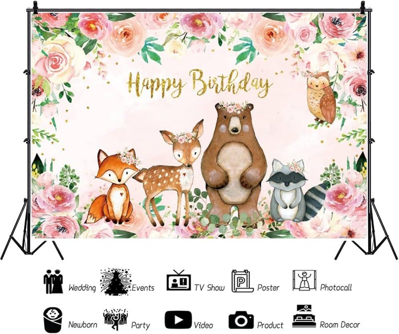 Renaiss خلفية عيد ميلاد سعيدة من رينيس 5x3 قدم غابة حيوانات السفاري زهور مائية وردية لالتقاط الصور لاحتفالات الأطفال - Image 4