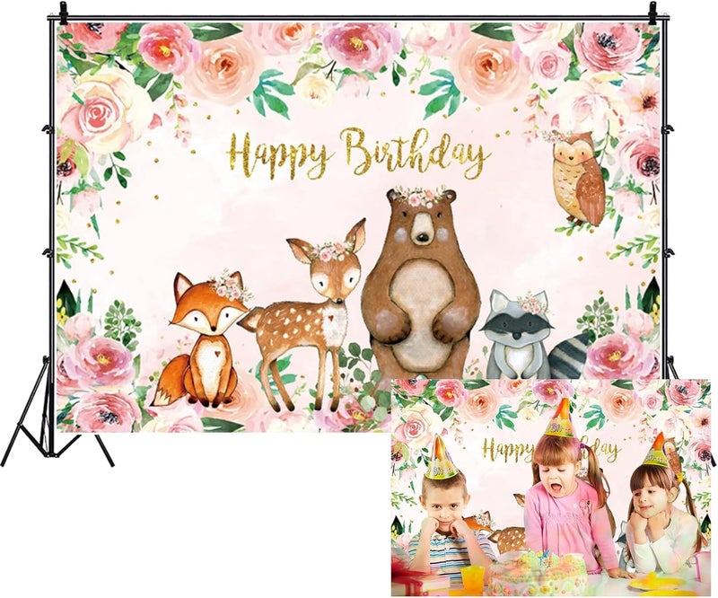 Renaiss خلفية عيد ميلاد سعيدة من رينيس 5x3 قدم غابة حيوانات السفاري زهور مائية وردية لالتقاط الصور لاحتفالات الأطفال - Image 1