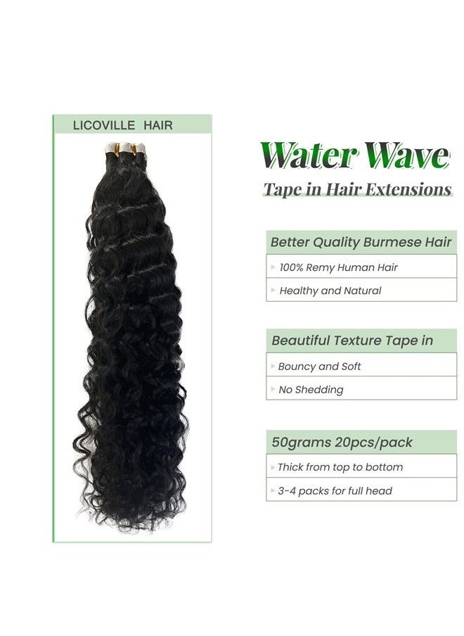 Licoville - Tape in Water Wave Hair Extensions Real Human Hair 24 Inch Natural Black Tape in Extensions 50g 20pcs/pack Double Sided Wet and Wavy Burmese Virgin Human Hair Tape ins for Black Women - Image 1