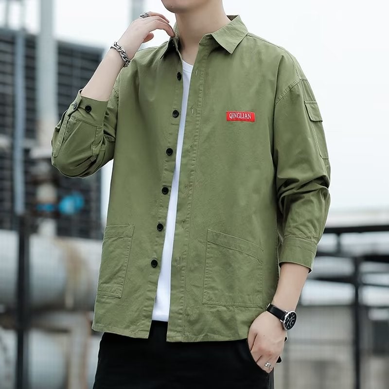 Mens Long-Sleeve Work Shirt Autumn New Ins Trendy Casual Versatile Student Shirt Mens Jacket Factory Direct Sale Yellow  - Image 5