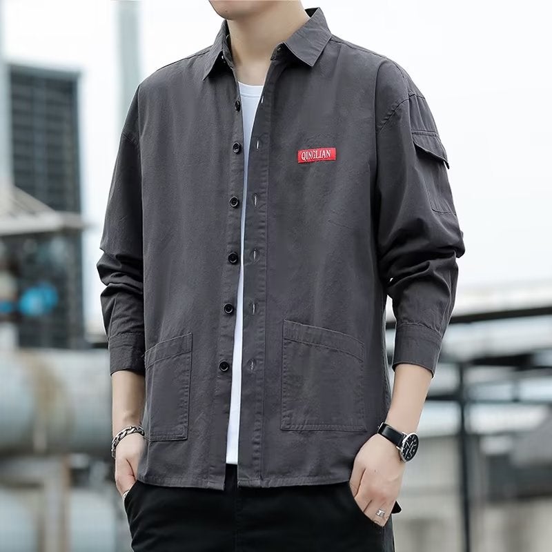 Mens Long-Sleeve Work Shirt Autumn New Ins Trendy Casual Versatile Student Shirt Mens Jacket Factory Direct Sale Yellow  - Image 3