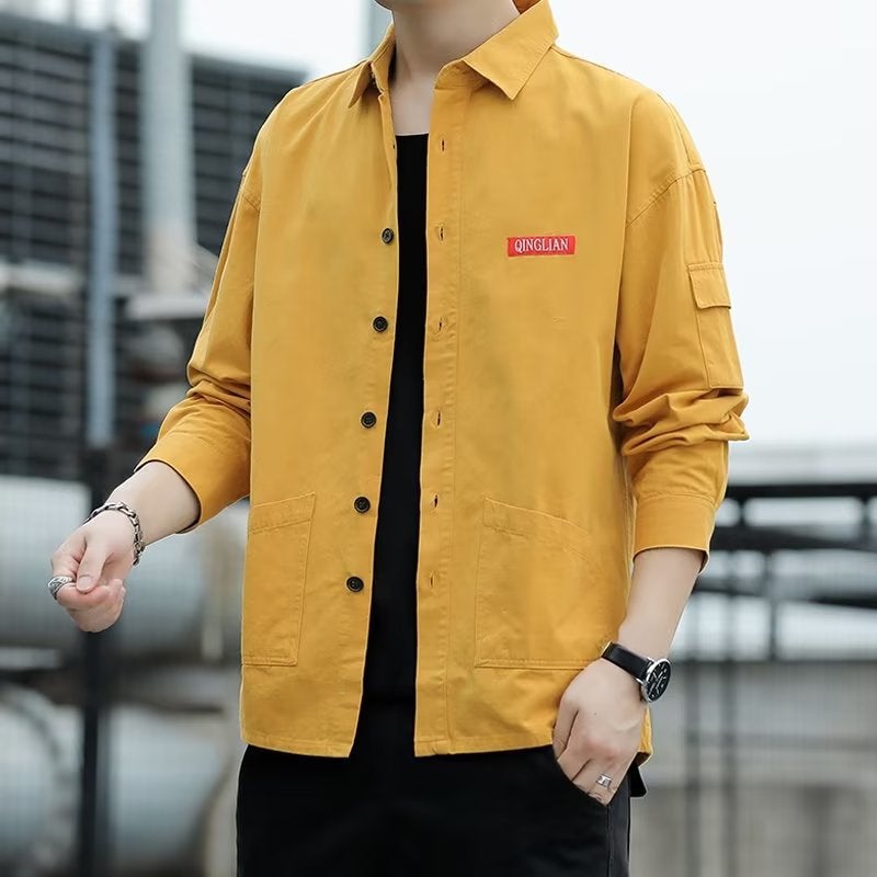 Mens Long-Sleeve Work Shirt Autumn New Ins Trendy Casual Versatile Student Shirt Mens Jacket Factory Direct Sale Yellow  - Image 1