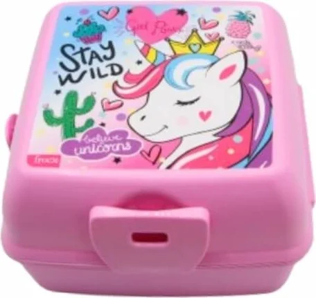 Piev 2 Compartment Lockable Fork Spoon Unicorn Lunch Box Pink