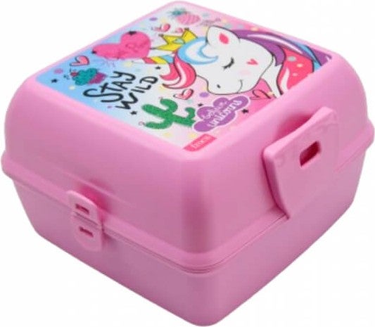 Piev 2 Compartment Lockable Fork Spoon Unicorn Lunch Box Pink  - Image 1