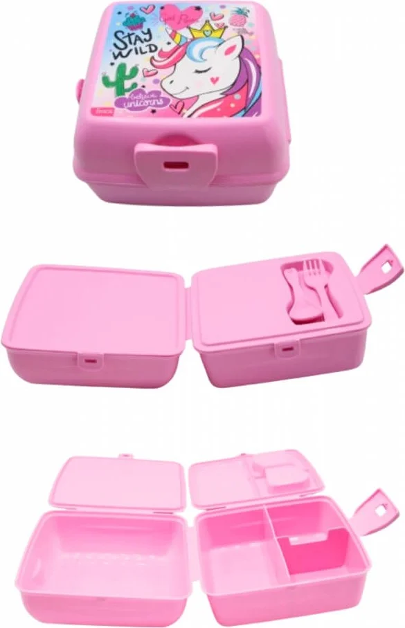 Piev 2 Compartment Lockable Fork Spoon Unicorn Lunch Box Pink