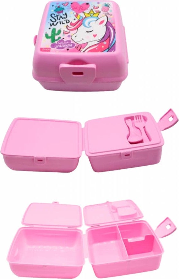 Piev 2 Compartment Lockable Fork Spoon Unicorn Lunch Box Pink  - Image 3