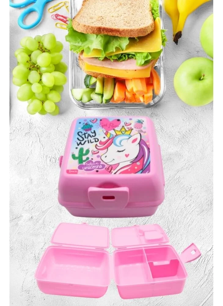 Piev 2 Compartment Lockable Fork Spoon Unicorn Lunch Box Pink