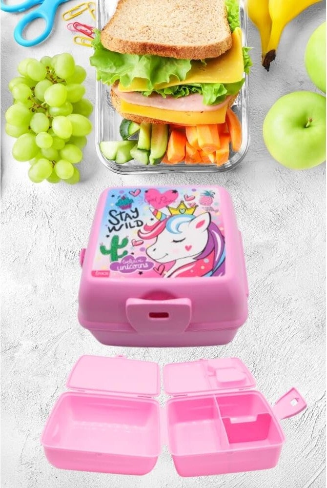 Piev 2 Compartment Lockable Fork Spoon Unicorn Lunch Box Pink  - Image 2