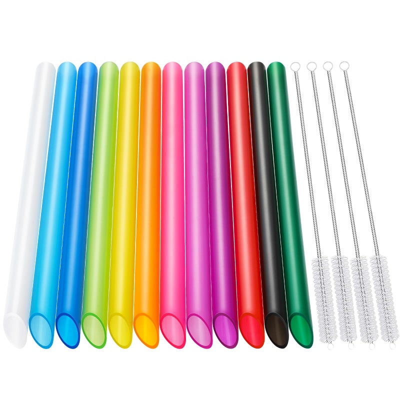 Angled Tips 12 Pcs Wide Reusable Bubble Tea Straws with 4 Brushes Multi Colors Jumbo Smoothie Straws BPA FREE Plastic Straw for Bubble Tea Tapioca Pearls Milkshakes