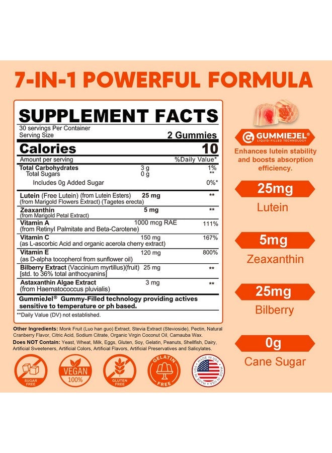 NEVISS Sugar-Free Lutein Zeaxanthin Supplements Gummies (25mg) Vitamins A, C, E, Bilberry, Astaxanthin - Coconut Oil for Better Absorption - Adults & Teens Vision Health, Eye Strain, Dry Eyes - Vegan, 60Cts - Image 2