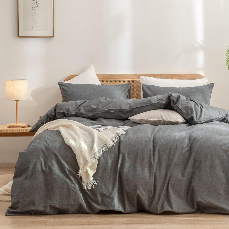 BESTOUCH Duvet Cover Set 100 Washed Cotton Linen Feel Super Soft Comfortable Chic Lightweight 3 PCs Home Bedding Set Solid Dark Grey Oversized Full