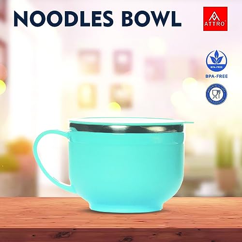 Attro Noodles Bowl Comes with Inner Stainless Steel Soup Bowl and Spoon Holder,Light Weight,Stackable,Perfect for Noodles,Maggie,Soups-500Ml Blue - Image 3