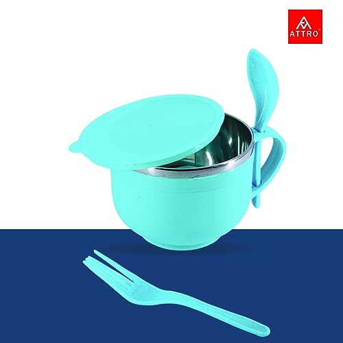 Attro Noodles Bowl Comes with Inner Stainless Steel Soup Bowl and Spoon Holder,Light Weight,Stackable,Perfect for Noodles,Maggie,Soups-500Ml Blue - Image 2
