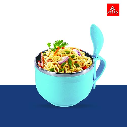 Attro Noodles Bowl Comes with Inner Stainless Steel Soup Bowl and Spoon Holder,Light Weight,Stackable,Perfect for Noodles,Maggie,Soups-500Ml Blue - Image 4