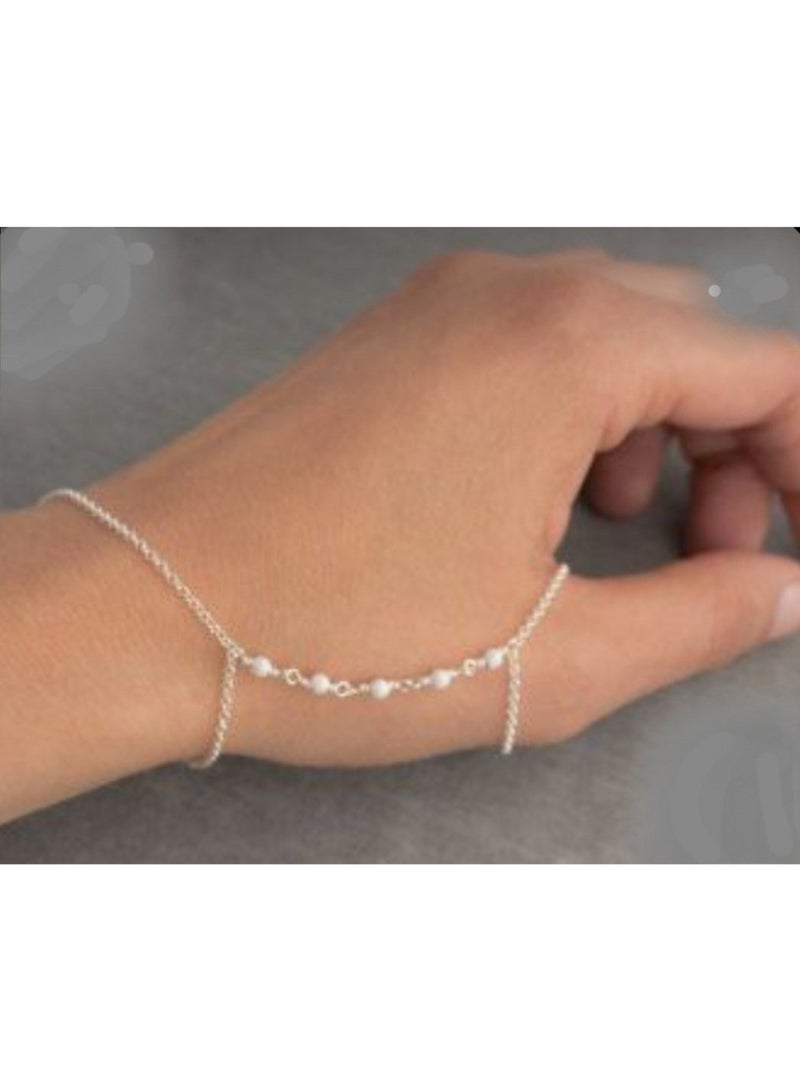 Women's  Finger Bracelet Of Off-White Pearls with Silvery Chain