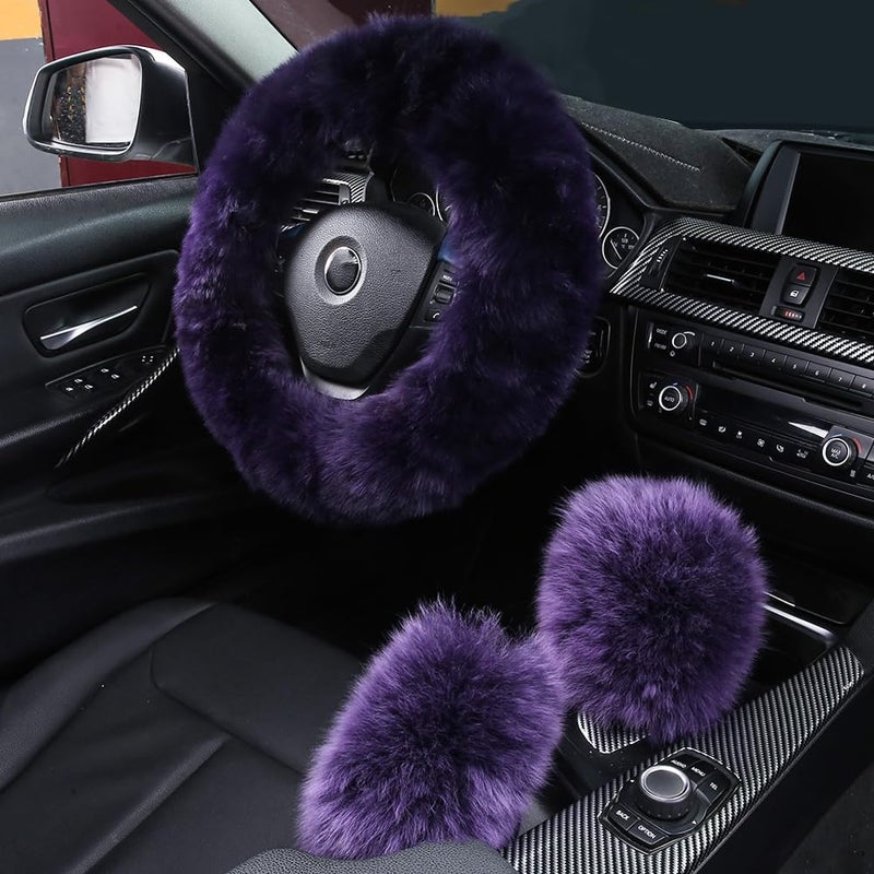AOGELAN 3Pcs Set Fashion Fluffy Fuzzy Wool Fur Soft Car Steering Wheel Cover with Handbrake Cover & Gear Shift Cover for Women/Girls/Ladies Auto Long Wool Accessories - Image 1