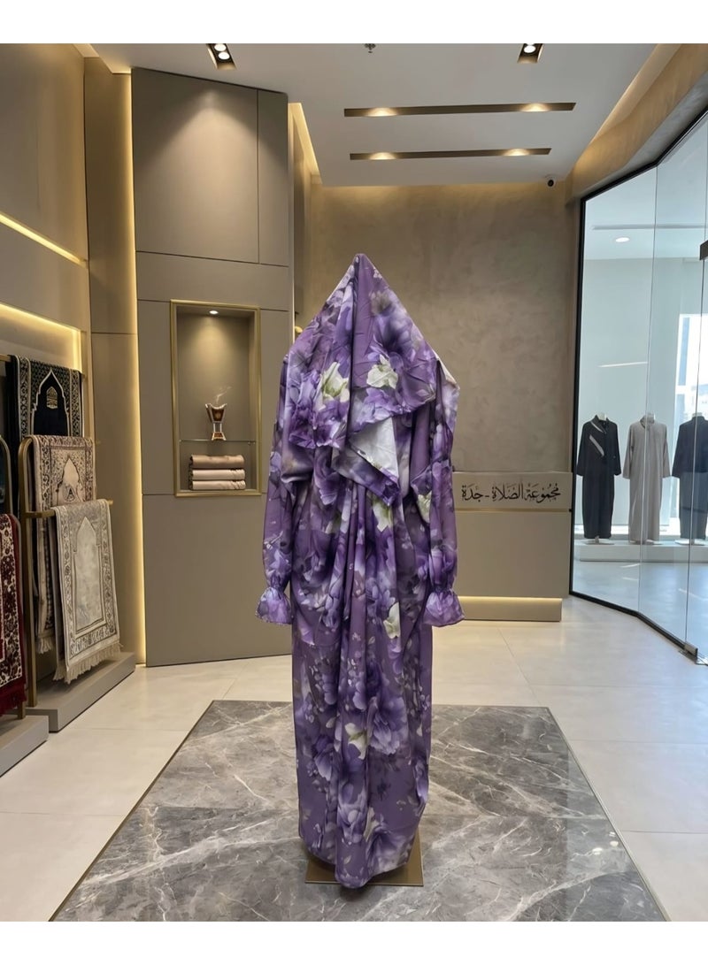 This purple "HD Beauty Powder" prayer shawl features a floral pattern and a zipper for easy wear.