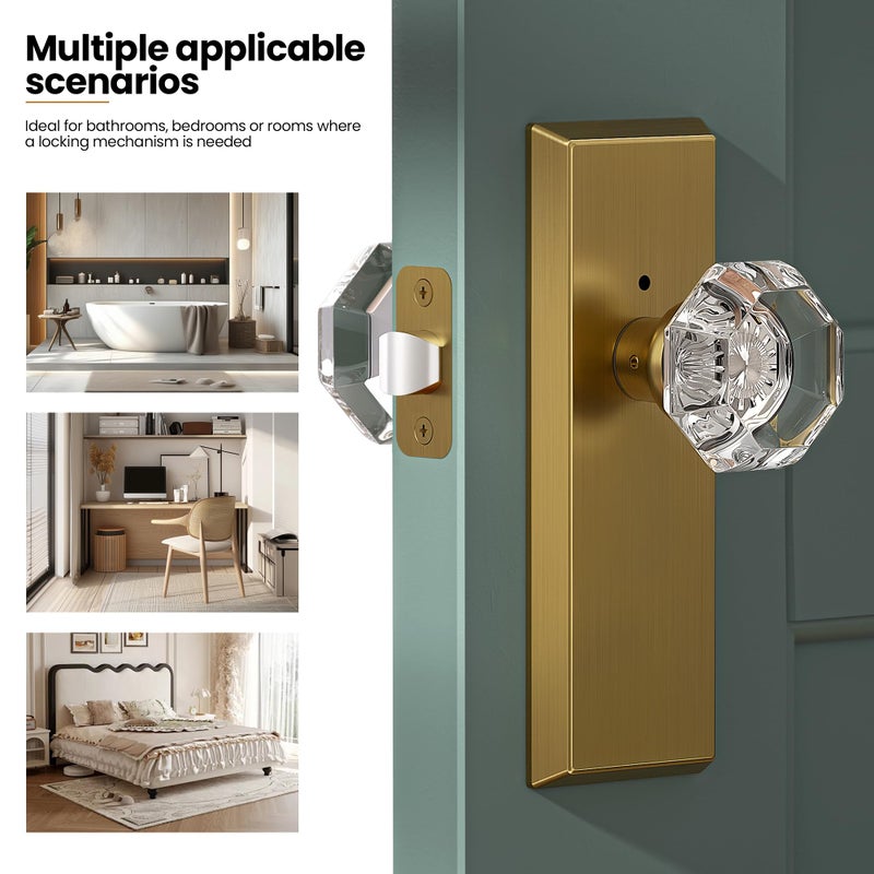 CEYMIO Glass Door Knobs for Interior Doors - Vintage Crystal Privacy Bedroom & Bathroom Door Knob with Lock - Diamond Cut Door Handle - Antique Brass Finish (1 Pack 7 Inch Height) - Image 5