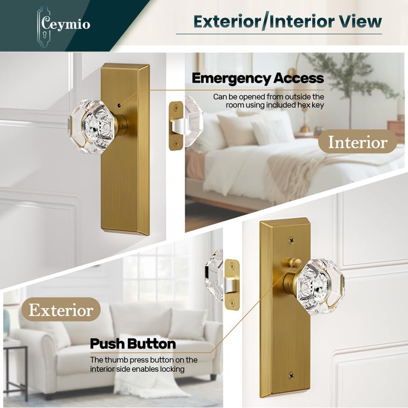 CEYMIO Glass Door Knobs for Interior Doors - Vintage Crystal Privacy Bedroom & Bathroom Door Knob with Lock - Diamond Cut Door Handle - Antique Brass Finish (1 Pack 7 Inch Height) - Image 4