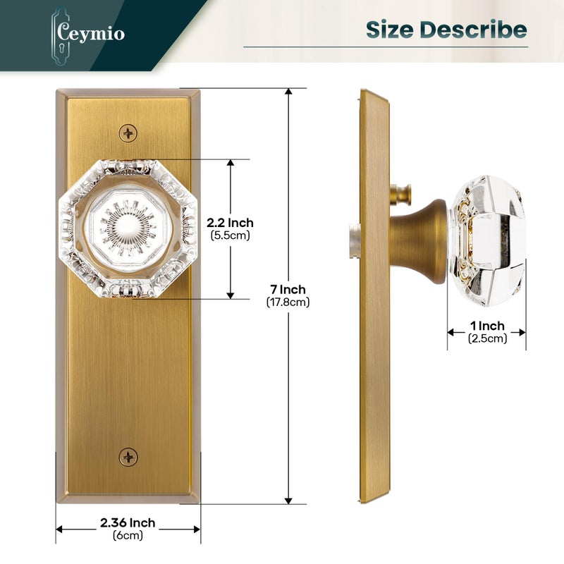 CEYMIO Glass Door Knobs for Interior Doors - Vintage Crystal Privacy Bedroom & Bathroom Door Knob with Lock - Diamond Cut Door Handle - Antique Brass Finish (1 Pack 7 Inch Height) - Image 2