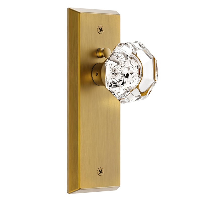 CEYMIO Glass Door Knobs for Interior Doors - Vintage Crystal Privacy Bedroom & Bathroom Door Knob with Lock - Diamond Cut Door Handle - Antique Brass Finish (1 Pack 7 Inch Height) - Image 1