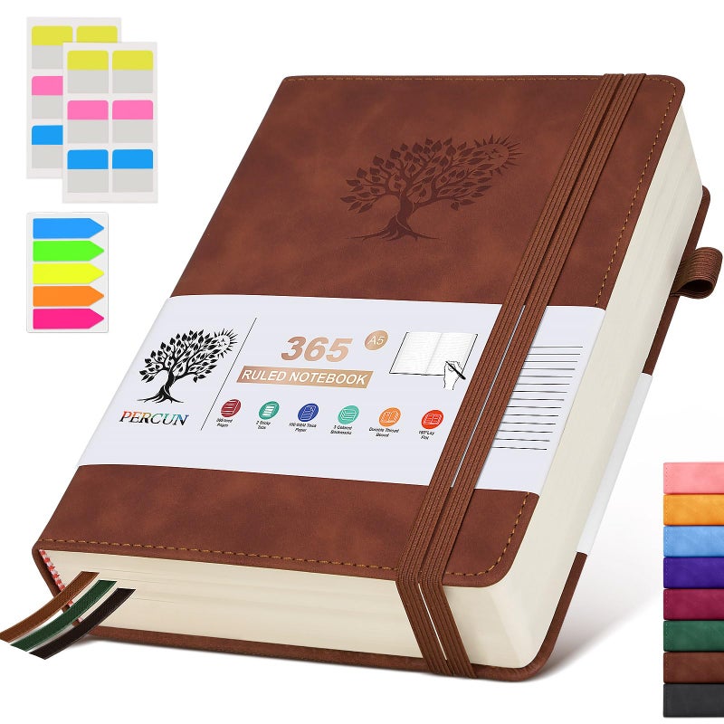 PERCUN A5 Lined Journal Notebook - 365 Page Leather Journals for Writing Women & Menï¼ŒHardcover Notebook with 100Gsm Thick Pagesï¼ŒDaily Diary for Travel, Workï¼ŒSchoolï¼ŒNote Takingï¼ŒCollege Ruled (5.9" x 8.5") - Image 1