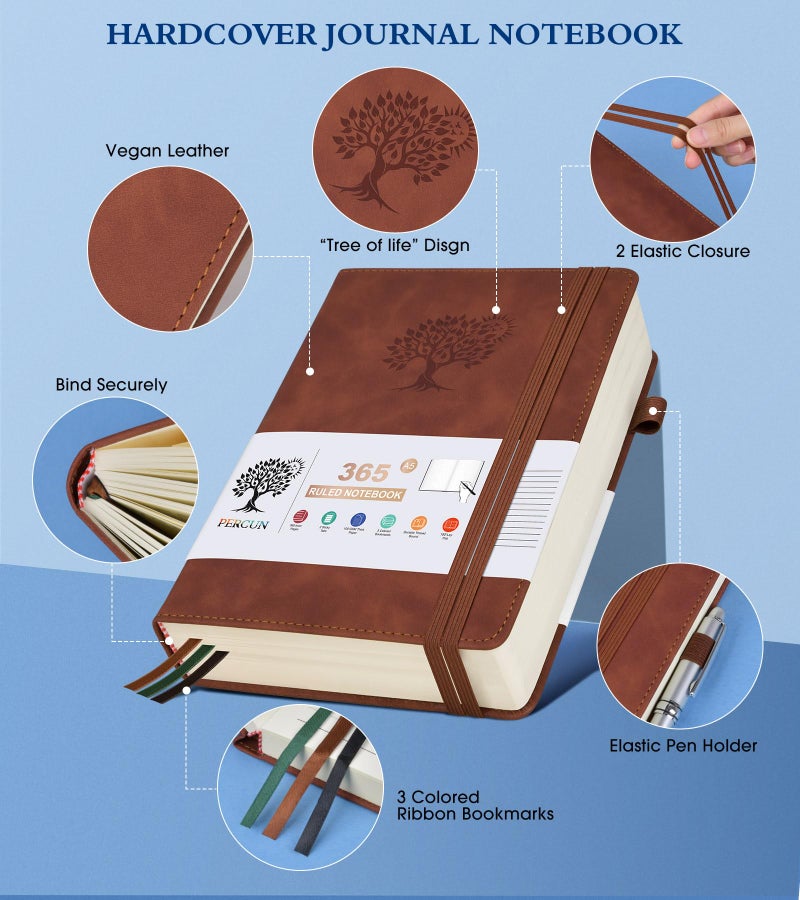 PERCUN A5 Lined Journal Notebook - 365 Page Leather Journals for Writing Women & Menï¼ŒHardcover Notebook with 100Gsm Thick Pagesï¼ŒDaily Diary for Travel, Workï¼ŒSchoolï¼ŒNote Takingï¼ŒCollege Ruled (5.9" x 8.5") - Image 3