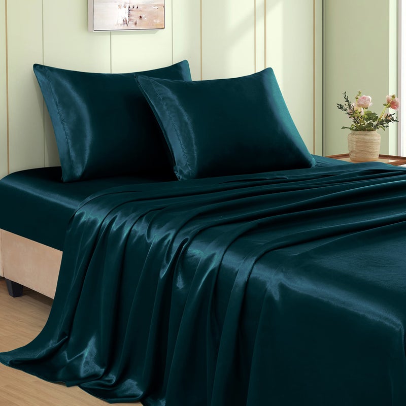 VACVELT 4pcs Dark Teal Satin Sheets Queen Size Bed Set 15 Inch Deep Pocket Silky Satin Sheet Set Soft Satin Bedding Set Cooling Luxury Bed Sheets 1 Fitted Sheet 1 Flat Sheet 2 Pillowcases